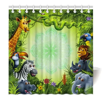 

HommomH Shower Curtain Weights Resistant Waterproof Fabric With Hooks Bathroom Cute Tropical Animal Zebra Giraffe Elephant