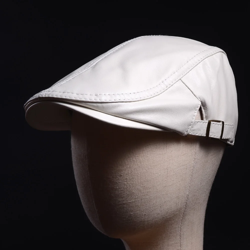 

Women's Men's Real Leather Hand Crafted White Peaked Cap army beret Newsboy Hats/caps