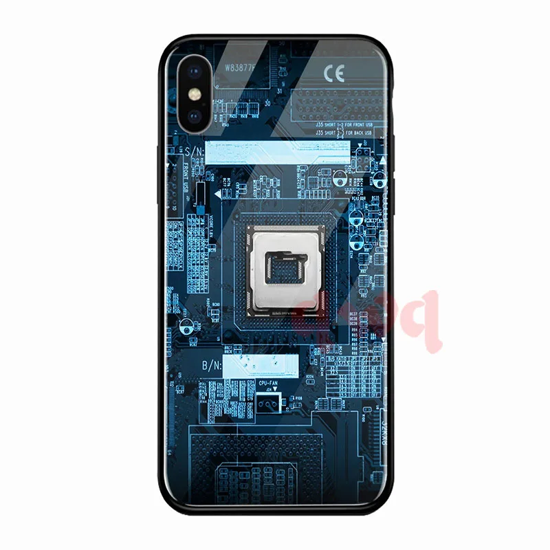 Circuit Board Tempered Glass Hard Back Phone Cases For Iphone 6 6S 7 8 Plus Full Cover For iphone X XR Xs Max TPU Soft Edge Case-I