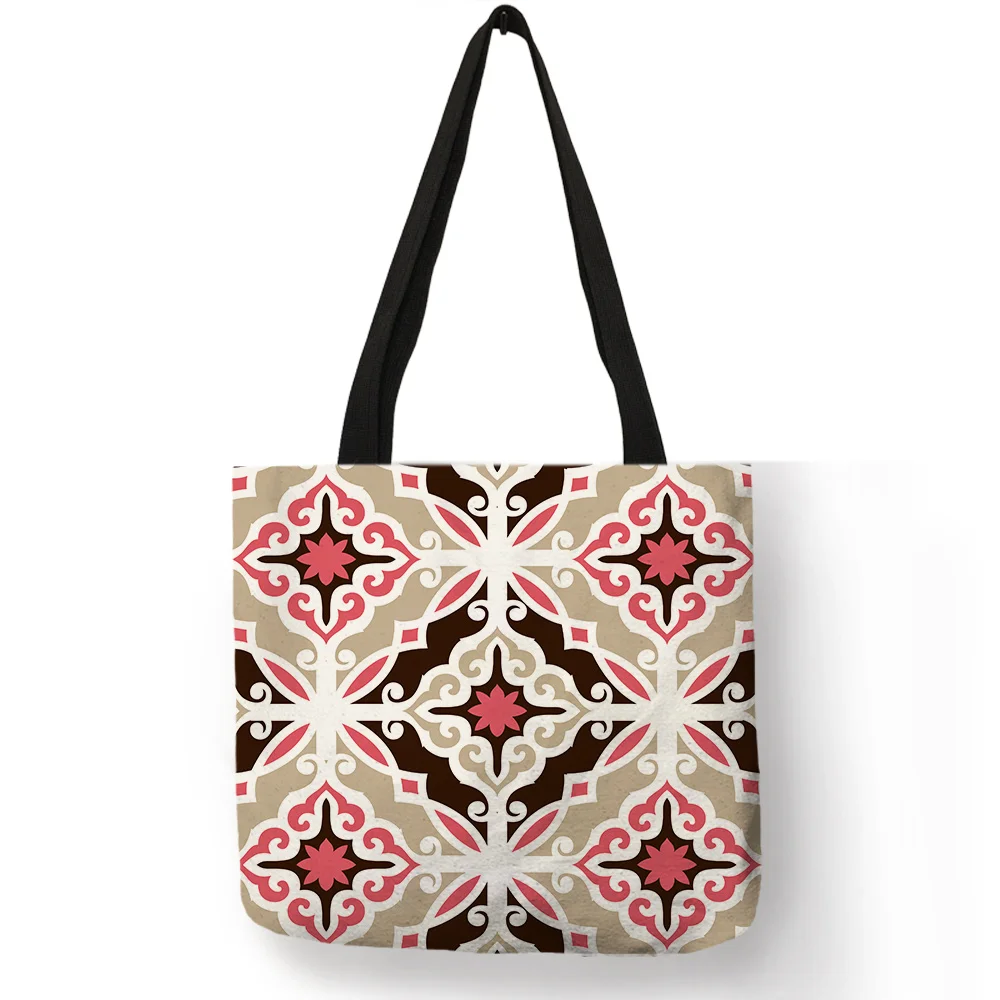 

Good Quality Linen Handmade Shoulder Bag Geometry Floral Pattern Tote Bags Daily Shopping Travel Work Durable Handbag for Women