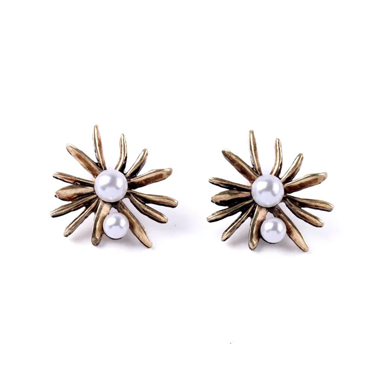 Simple Design Simulated Pearl Meaningful Birthday Gift Antique Gold Color Fashion Alloy Floral Stud Earring | Украшения и
