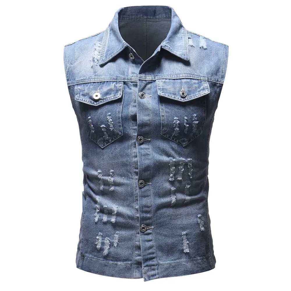 Denim Jacket Men Vest Hole design Outerwear Streetwear Jacket Coat Mens Coats Male Vest Sleeveless Blue Black White