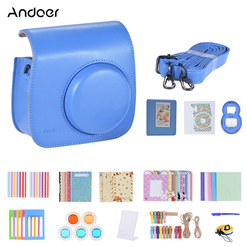 Andoer 14 в 1 мгновенная камера аксессуары комплект для Fujifilm Instax Mini 9/8+/8 включает чехол/ремень/стикер/селфи объектив/многое другое - Цвет: blue