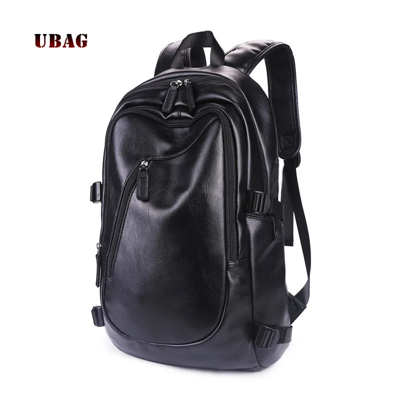 

Ubag brand 2018 Fashion Men backpack PU soft Leather backpack Male Headphone plug backpack schoolbag big space Casual Travel bag