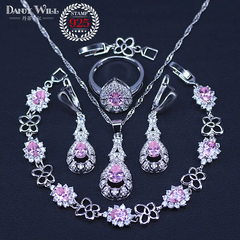 

Cute Pink Crystal White CZ 925 Silver Jewelry Pear Bracelets/Necklace/Pendant/Earrings/Ring Jewelry Sets For Women Wedding