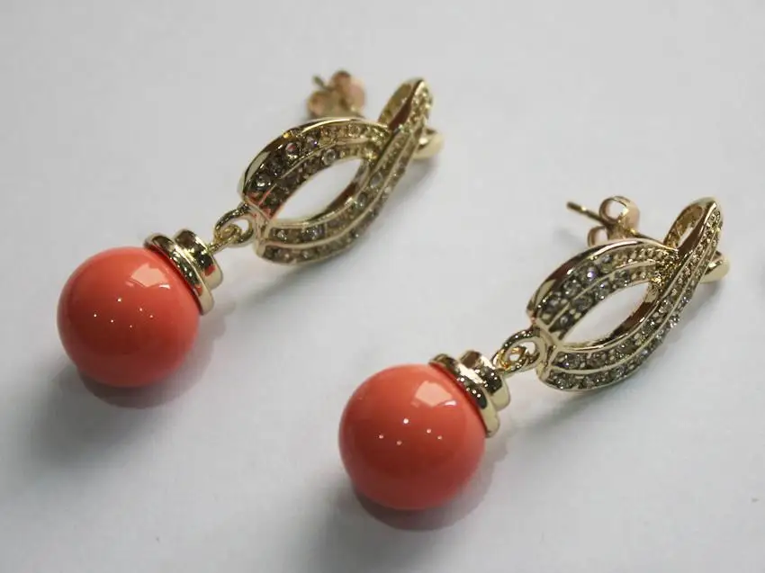 

latest fashion lady's nicest 18KGP with crystal plated leave shape +12mm salmon pink pearl bread earring