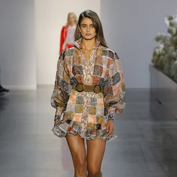 

2019 Print Ruffles Full Mini Dress Sexy Women Night Club Body con Lantern Sleeve Turtleneck single-breasted Dresses Wholesale