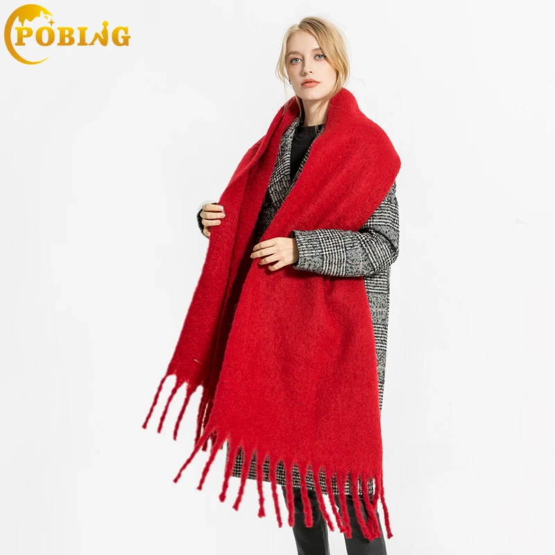 

POBING New za Winter Scarf Women Solid Scarves Wraps Soft Cashmere Wram Shawls Basic Acrylic Pashmina Lady Blanket Stole Ponchos