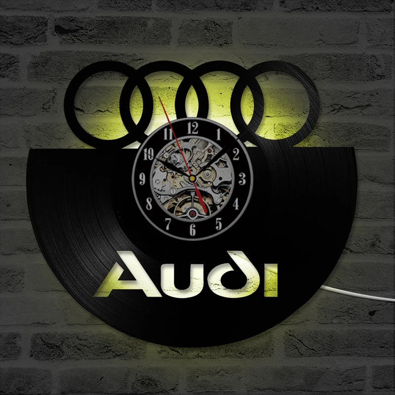 Настенные часы с логотипом автомобиля Audi Benz, Виниловая пластинка, 3D Декоративные Подвесные винтажные часы, светодиодный настенные часы, домашний декор, подарок для любителя автомобиля