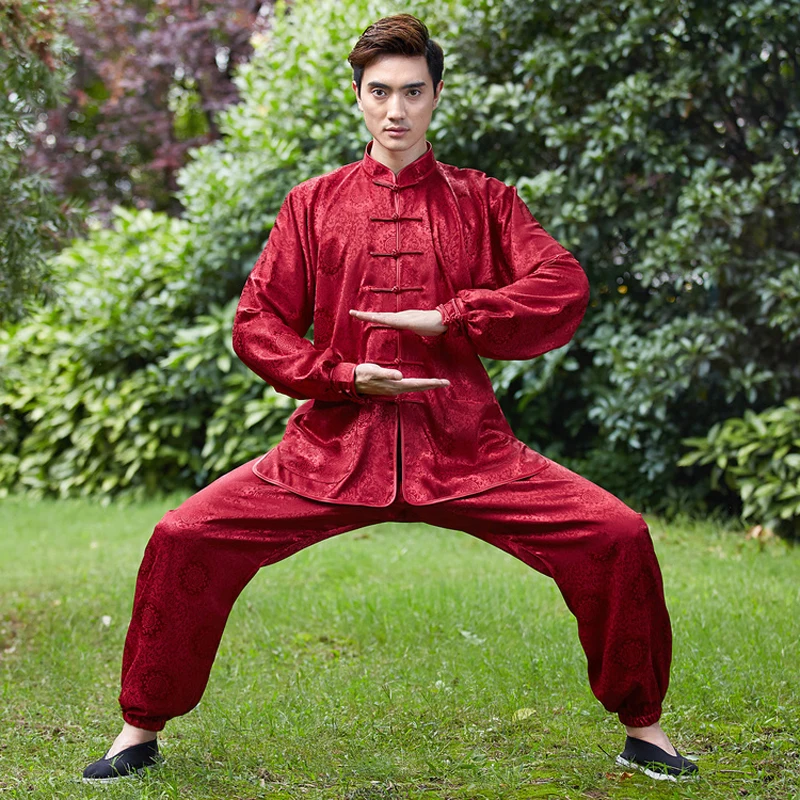 High Quality Red Chinese Men Kung fu Uniform Male Satin Tai Chi Suit