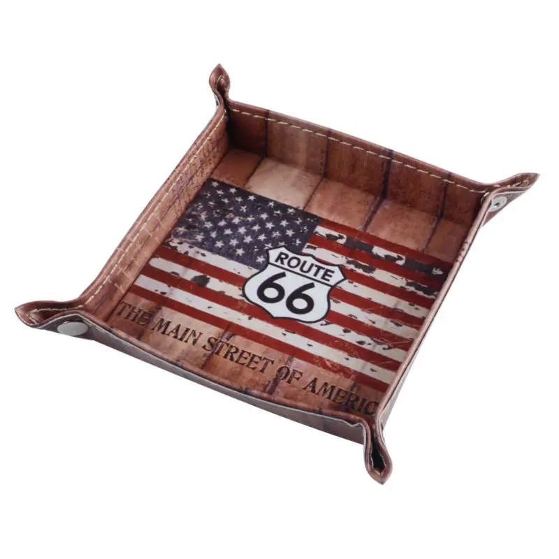 

LINKWELL 1PC Wood Slat American National Flag USA Route 66 Man Cave Design PU Leather Valet Coin Key Trinket Tray for Serving