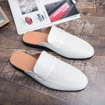 

Summer Men Fashion Casual Half Drag Shoes Fretwork Slip On Shoes Breathable Half slippers For Mens Patent Leather Brand Shoes