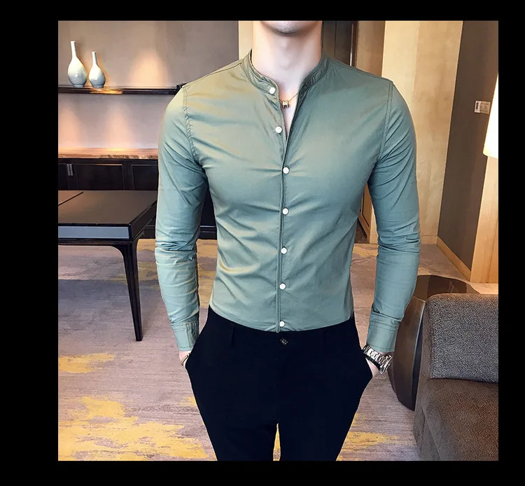 Новинка, Мужская модная хлопковая Однотонная рубашка с воротником, Повседневная деловая рубашка с длинным рукавом, мужские облегающие рубашки высокого класса для отдыха