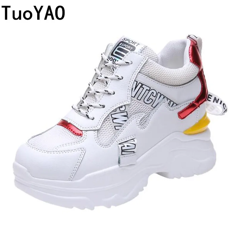 

2019 Summer Women Sneakers Mesh Casual Platform Trainers White Shoes 9 CM Heels Wedges Breathable Woman Height Increasing Shoes