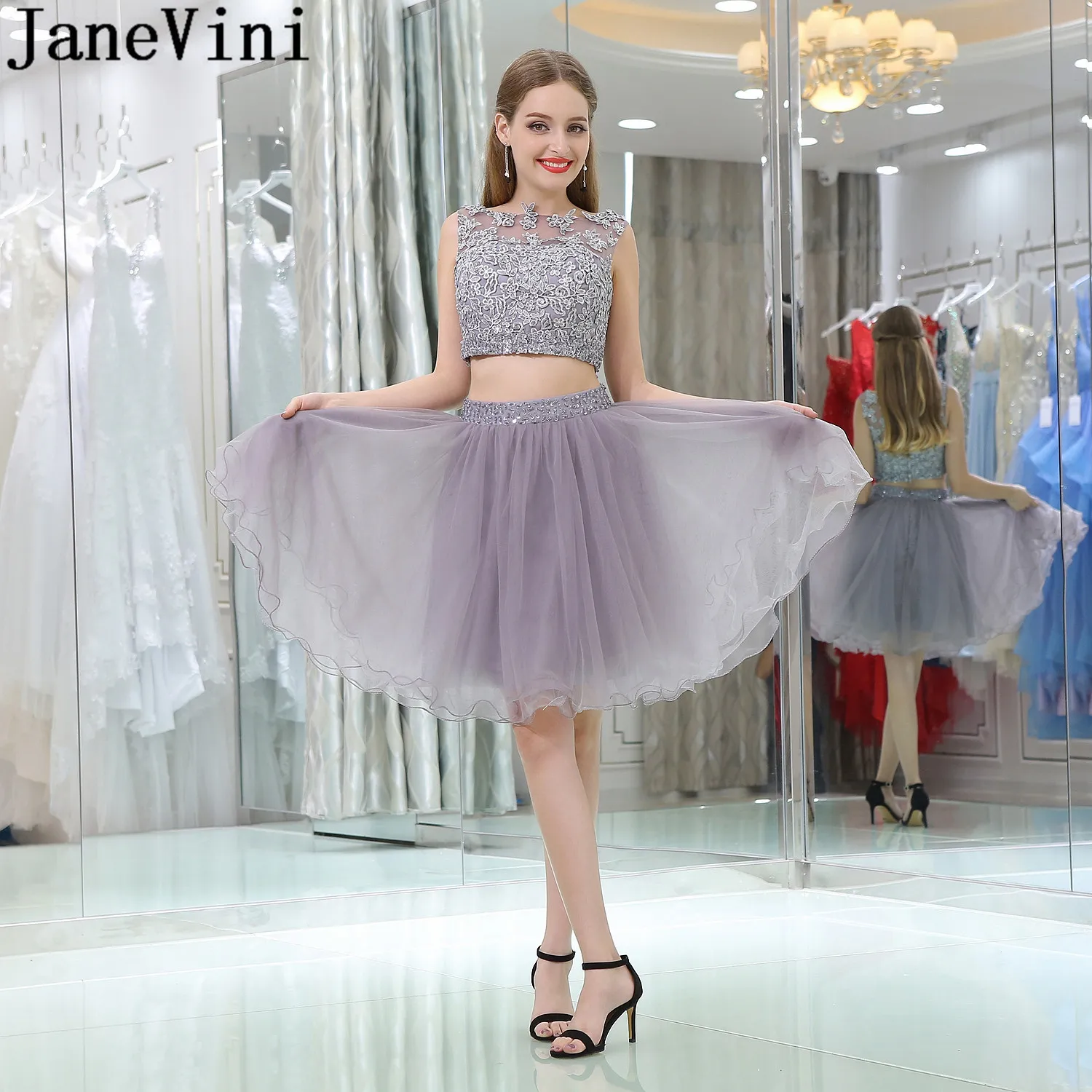 JaneVini 2019 серые короткие платья для выпускного вечера 2 шт бисером кружева