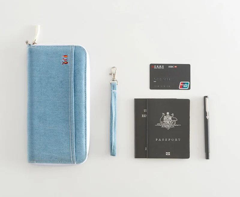 Men Women Travel Passport Cover Document Credit Card Organizer Cover Money Unisex Denim Wallet ID Card Holder Case Strap PC0048 (1)