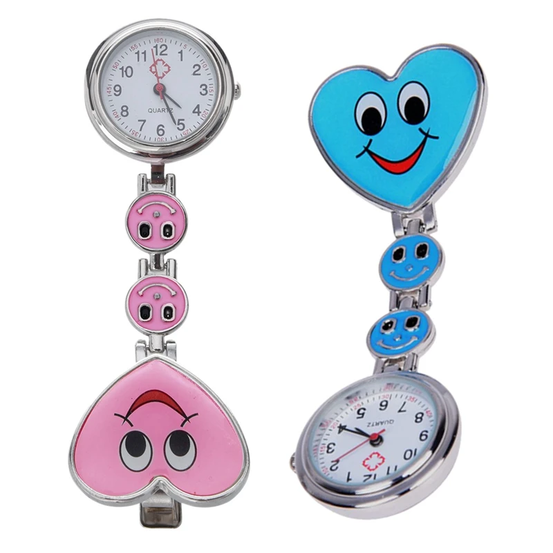 

Pink Heart & Blue Heart Quartz Movement Clip Nurse Brooch Fob Tunic Watch Smile Face 2 PCS