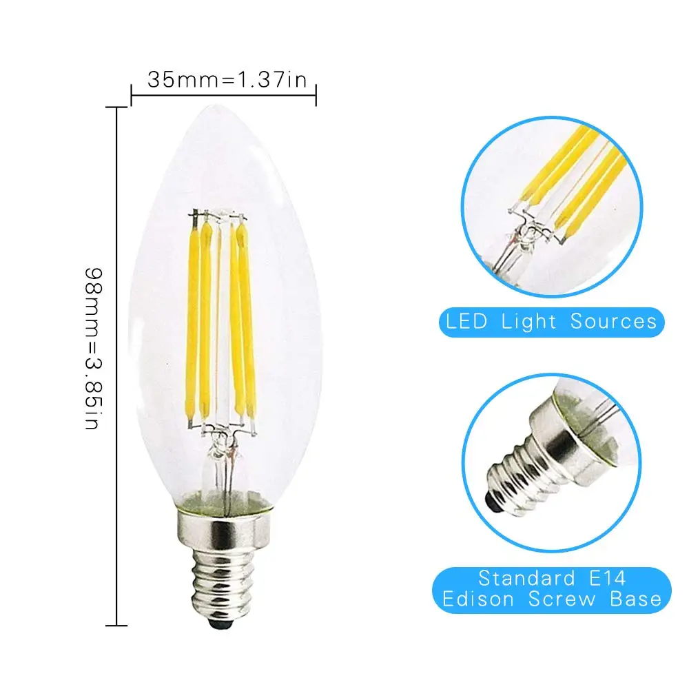 Ganriland светодиодный E14 220 V лампы C35 3,5 Вт светодиодный лампы накаливания с регулируемой яркостью теплый белый 2700 K лампы в форме свечи лампы Винтаж декоративный подвесной светильник для дома