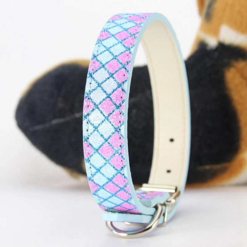 

Shiny Glitter Plaid Bling Powder Dog Collar PU Leather Pet Collars Leashes For Small Medium Dogs Strap Dog Accessories