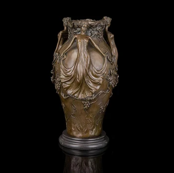 

39 CM Western Art Deco Bronze Women Girl fairy maiden grape Sculpture Vase Pot