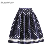 BunniesFairy бренд осень 50s Винтаж женские платья в белый горошек для девочек геометрическим принтом Высокая Талия плиссированное платье с коротким и широким подолом расклешенной юбкой Темно-синие