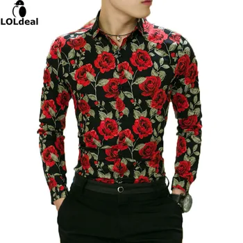 

Loldeal Brand printing New Shirt Men Fashion Casual Slim Fit Men Floral Shirt Long Sleeve Spring Plus Size Men's Blouse Social