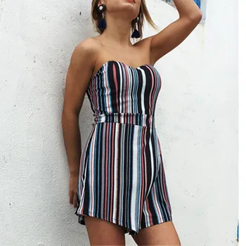 

Bohemia Backless Women Playsuits Sexy Off Shoulder Striped Female Jumpsuits Linen Lady Bodysuits