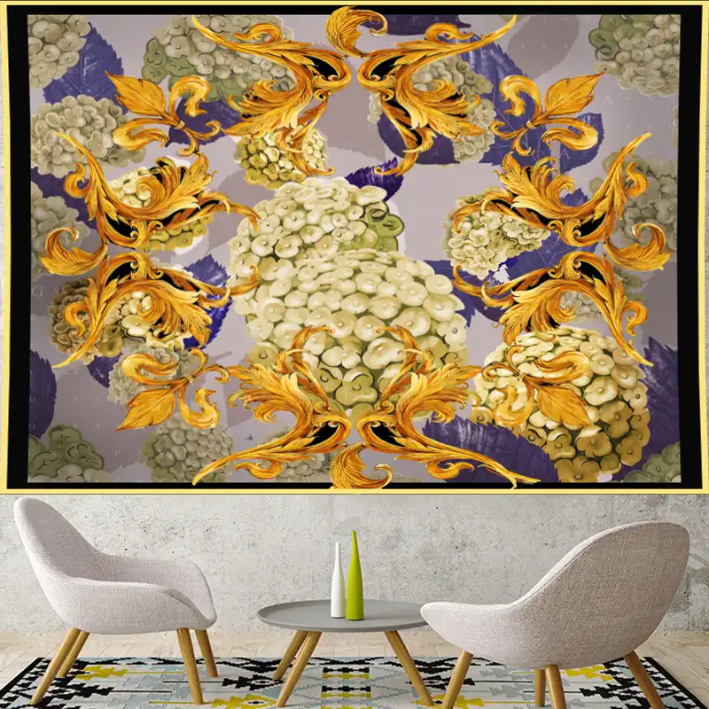 Tapiz Con Diseno De Hortensias Doradas Tapiz De Macrame Indio