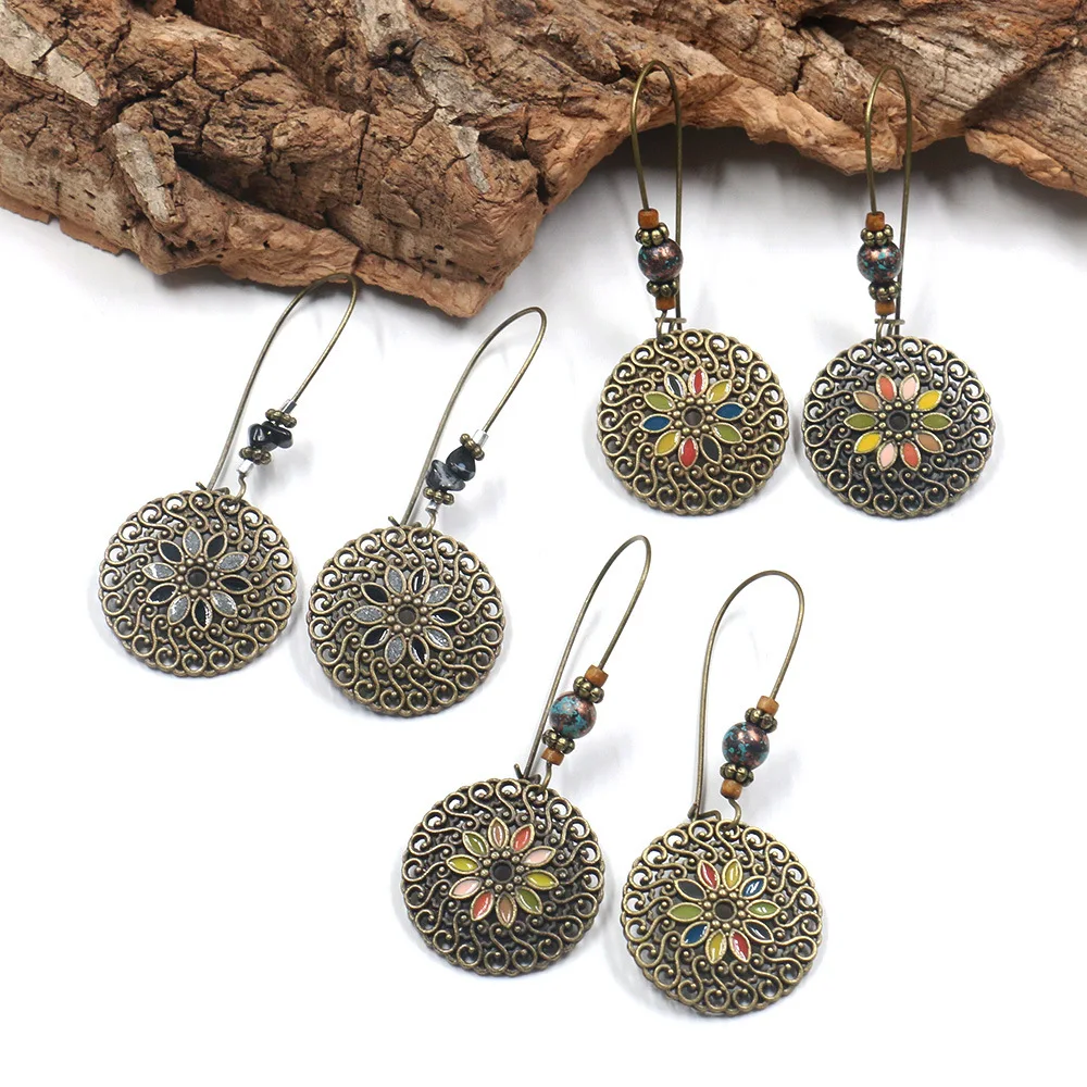 

Geometric Round Multicolour Flowers Vintage Bohemia Copper Alloy Hanging Drop Dangle Earrings for Women
