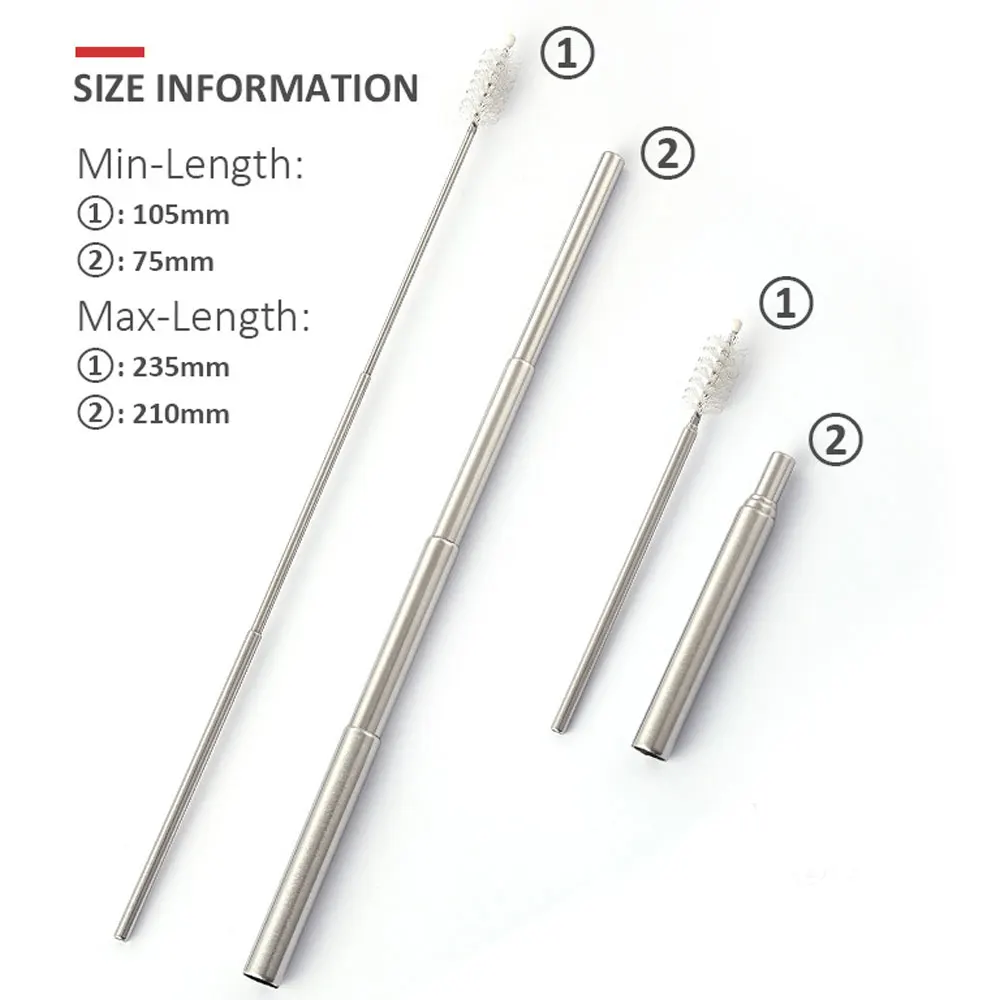Portable Stainless Steel Straw Telescopic Drinking Straw Adjustable Collapsible Straw With 1 Brush Reusable Tubule 5