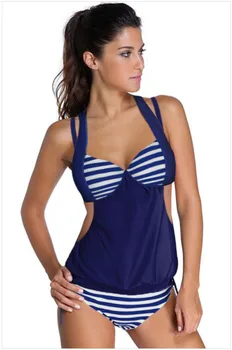 

2017 Swimwear Women Push Up Two Pieces Beach Wear Black Blue Navy Gray Splice Striped Halter Tankini Swimsuits 4F41944