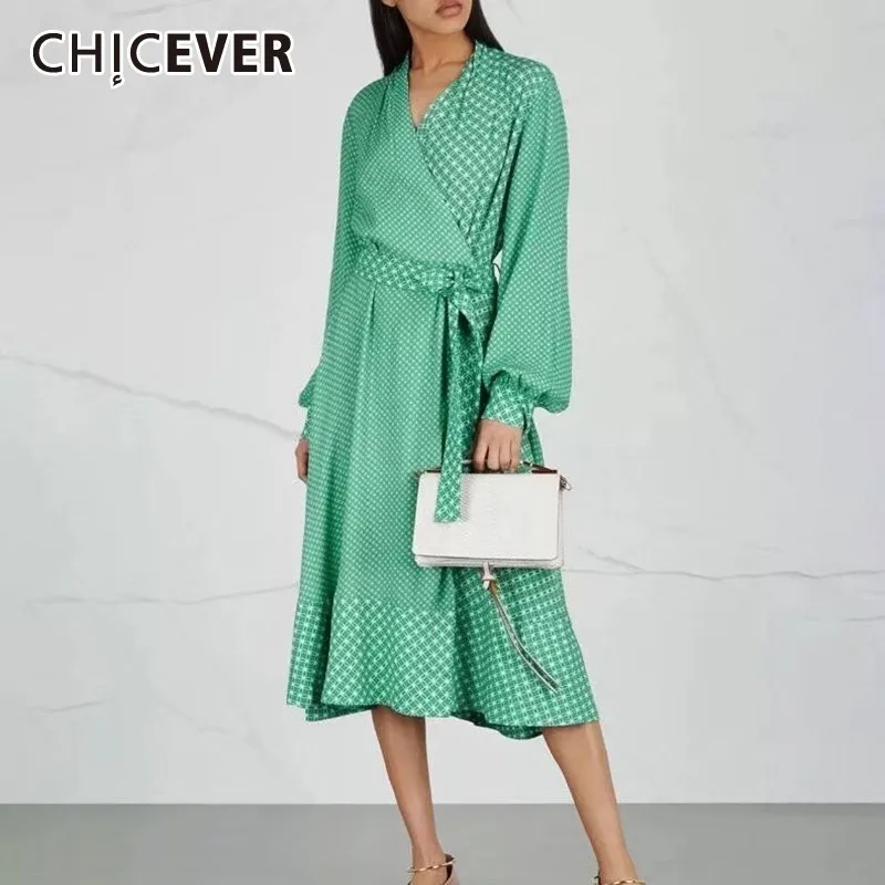

CHICEVER Print Vintage High Waist Dress Women V Neck Lantern Sleeve Bandage Bow Slim A Line Dresses Female Fashion New Summer