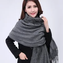 Fashion Gray Chinese Women’s Wool Cashmere Shawl Scarf Rabbit Fur Scarves Pashmina Tippet Winter Thick Warm Cape Bufanda
