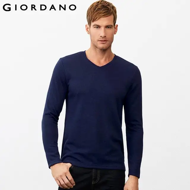 Giordano Men Brand T shirt Casual Long Sleeve Male T shirt Solid V Neck ...