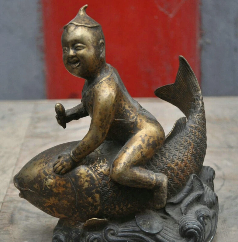 

006388 9 China Bronze Lucky Boy Fish Baby Child Buddha Sculpture Statue