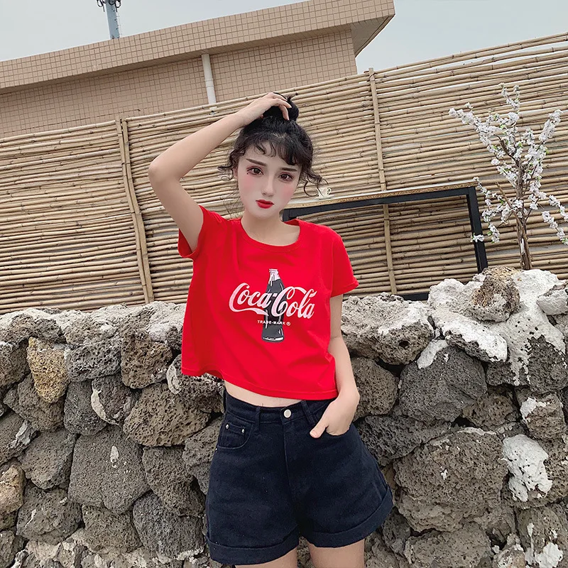 

2019 Sexy dew navel t-shirt short high waist Coca Cola t-shirt female short sleeve spring and summer loose tee shirt femme