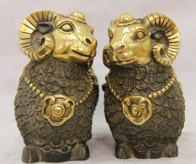 

wholesale factory 6 China Copper Bronze Gild Yuanbao Wealrh Money Sheep Goat Statue Sculpture Pair