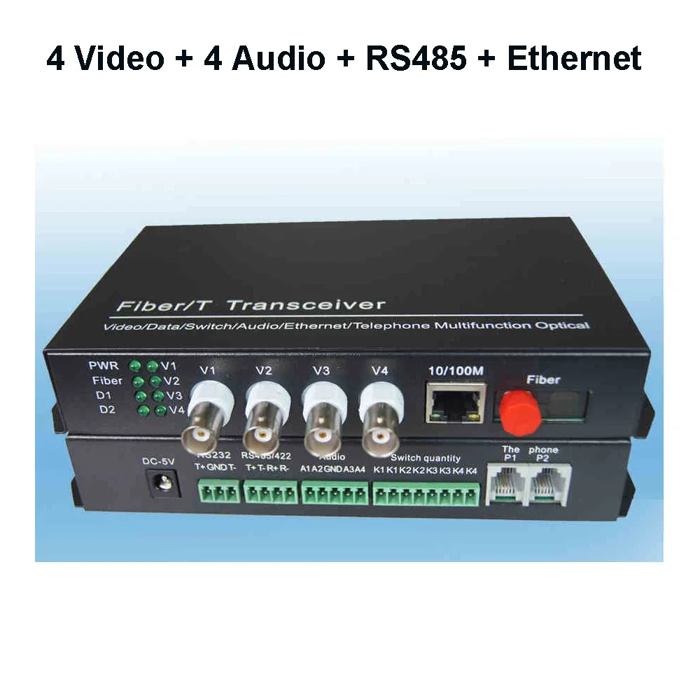 

4 Video 4 Audio with RS485 Data and 10/100M Ethernet Fiber optic Media Converter, 1Pair Transmitter Receiver for CCTV System