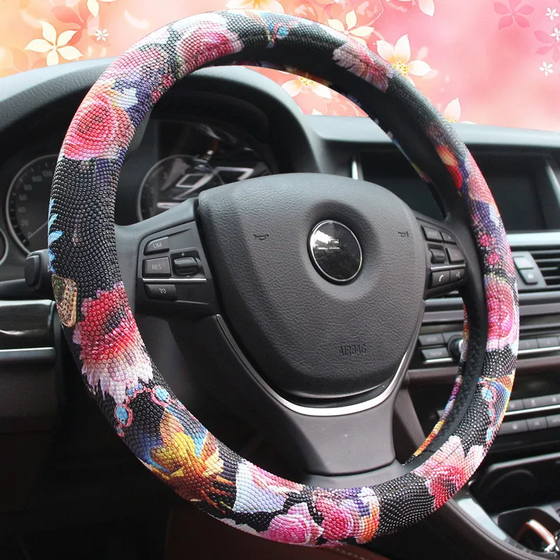 3D Роза Цветочный принт Для женщин рулевого колеса автомобиля крышки 38 см Универсальный розовый авто руля крышку подкладке Аксессуары