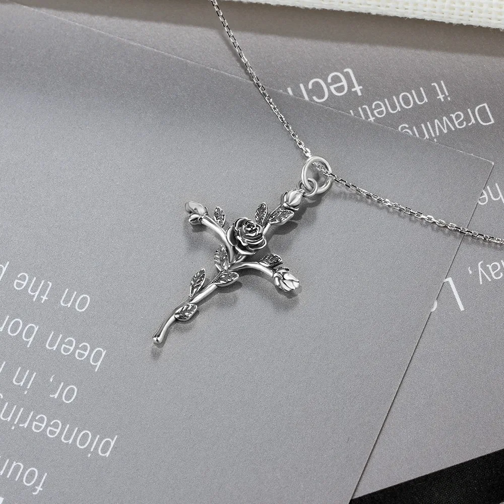Rose & Cross Design 100% 925 Sterling Silver Pendant Necklace Vintage Women Necklaces Gothic Jewelry (Lam Hub Fong NE102030) - Image 5