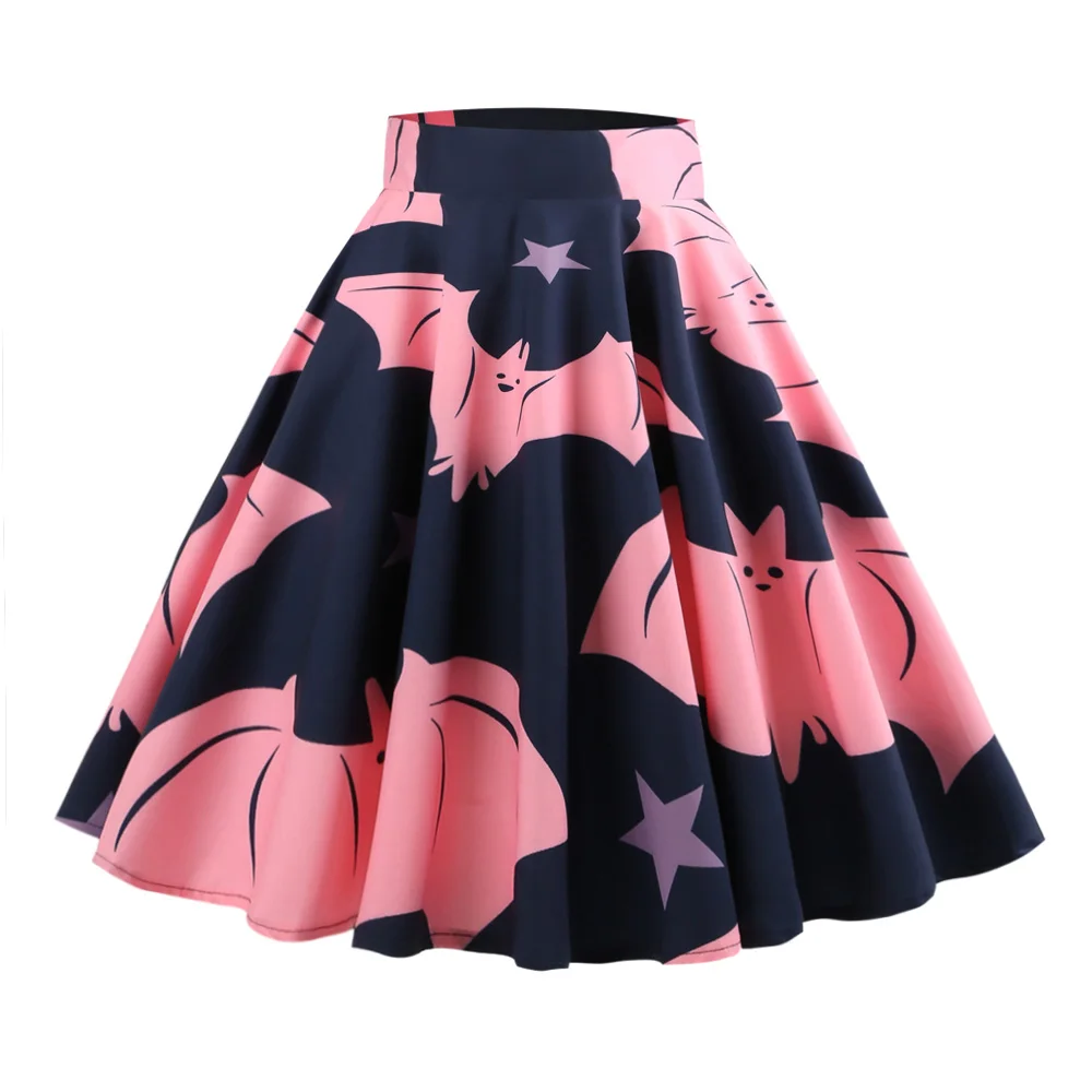 

Joineles Fashion Cartoon Print Women Vintage Skirts 4 Colors High Waist Swing Retro Skirts Audrey Hepburn Party Feminino Skirts