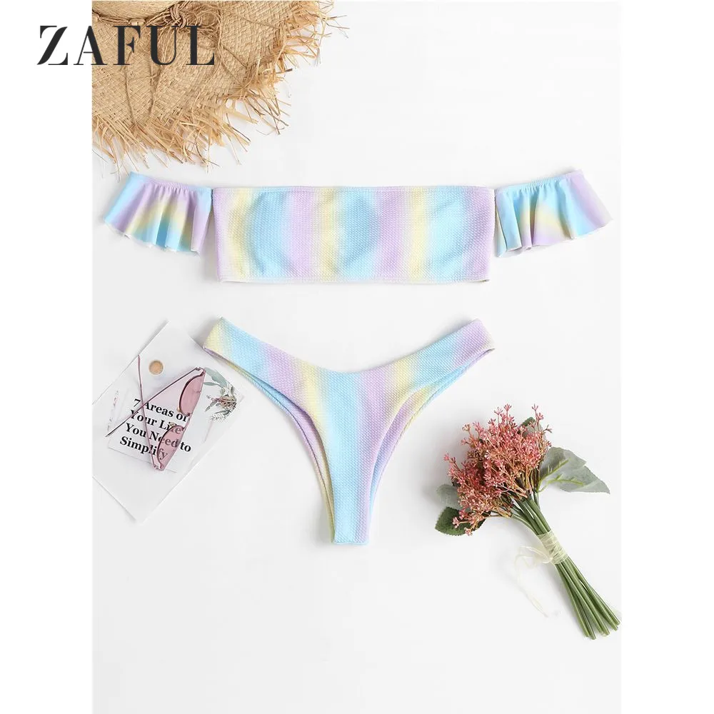 

ZAFUL Ombre Off Shoulder Bikini Swimwear Women HighCut Swimsuit Sexy Padded Thong Bikini Set Ombre Bathing Suit Brazilian Biquni