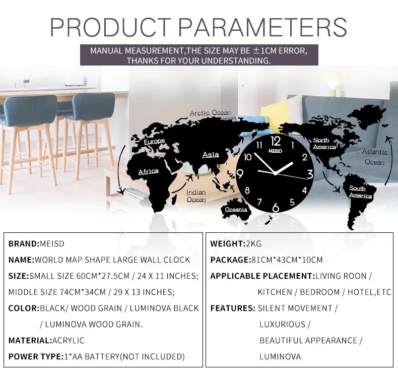 MEISD Креативные 3D карты мира большие настенные часы Самолет Современный дизайн Акриловые ультра тихие большие декоративные настенные часы