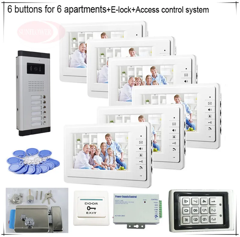 6 кнопок цветной видеодомофоны домофон системы s 6 lcd безопасности дверной Звонок для 6 квартиры + система контроля доступа + электронный