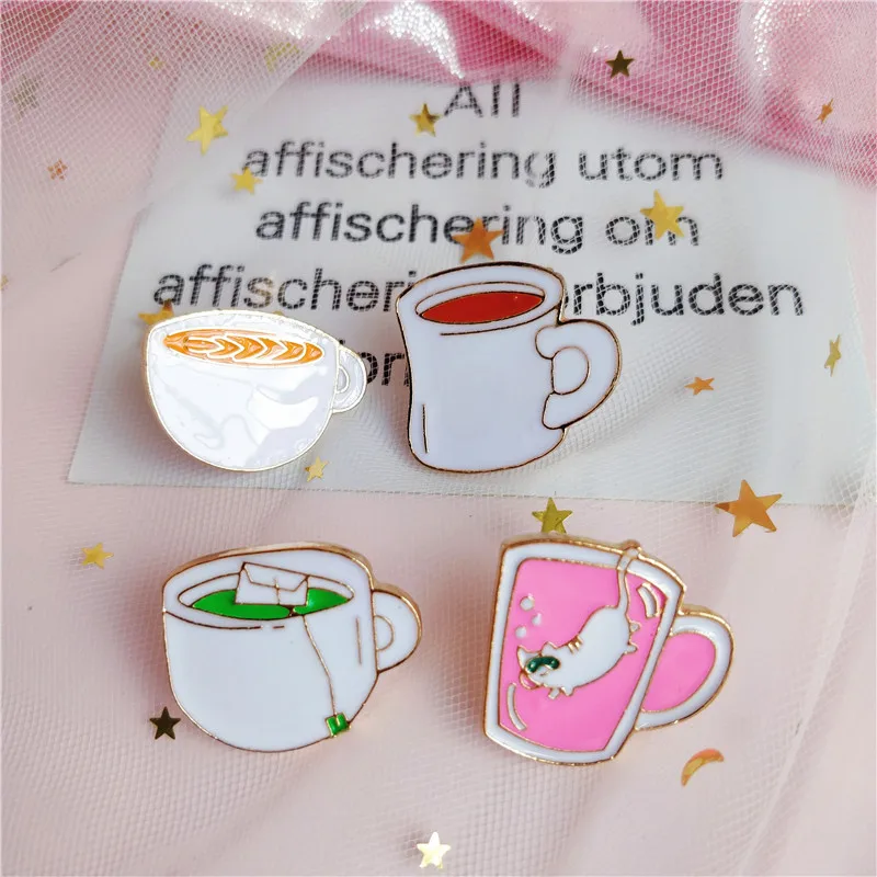 

Fashion Cartoon Cat Black Tea Green Tea Cup Coffee Enamel Brooch Shirt Collar Pins Friend Gift Bag Badge