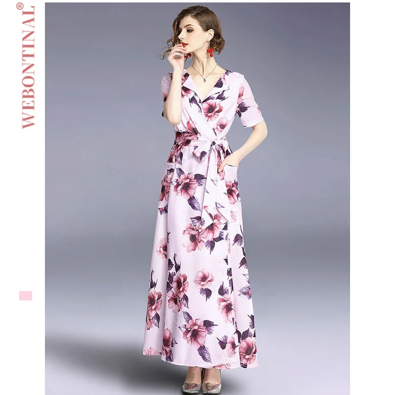 

WEBONTINAL Temperament Fashion Slim Printed V-Neck Lace-up Dress Female Long Section Elegant Ladies Women Dresses Vestidos