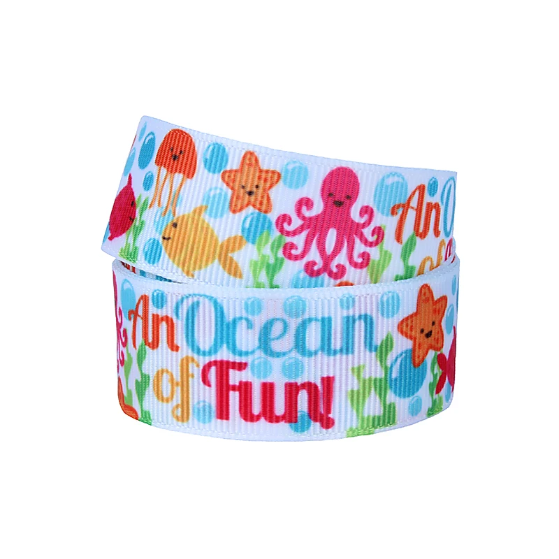 

FLRA Ribbon Wholesale summer cheer ribbons, 7/8" cartoon star and ocean fish printed grosgrain ribbon