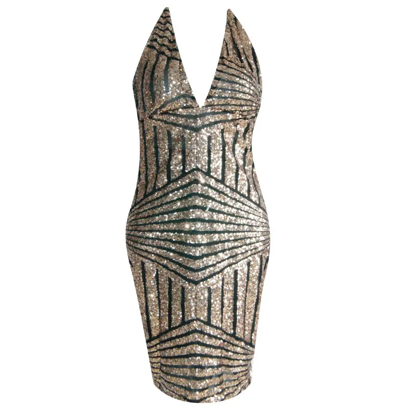 Sexy Bandage Deep V-neck Backless Sequin Dress Women Sleeveless Halter Club Party Dress Short Party Casual Mini Dresses Vestidos (7)