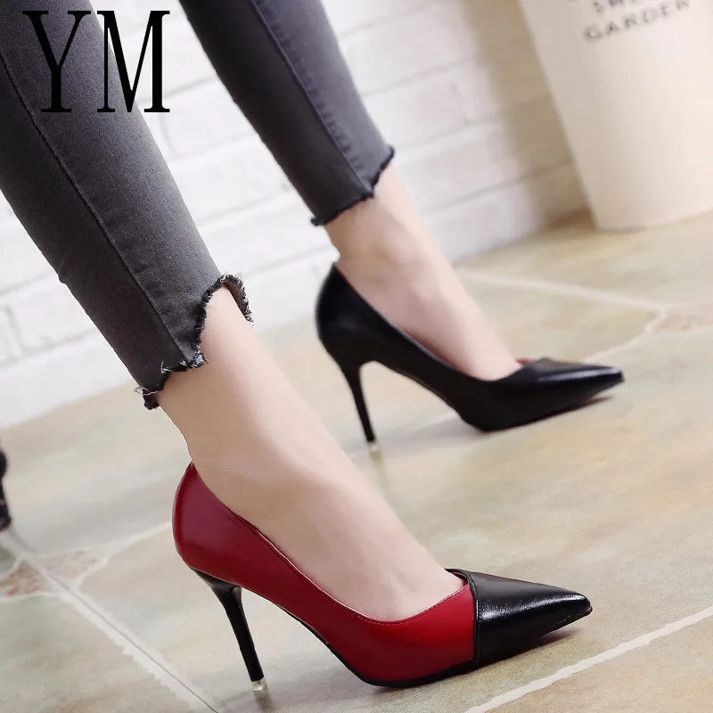 2018 Women Pumps OL Fashion Spell Color High heels Single Shoes Female Spring Summer Patent leather Wedding Party shoes Woman