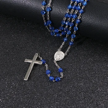 

KOMi New Design 4mm Blue Bead Handmade Alloy Cross Rosary Pendant Necklace Religious Jesus Catholicism Jewelry R-200